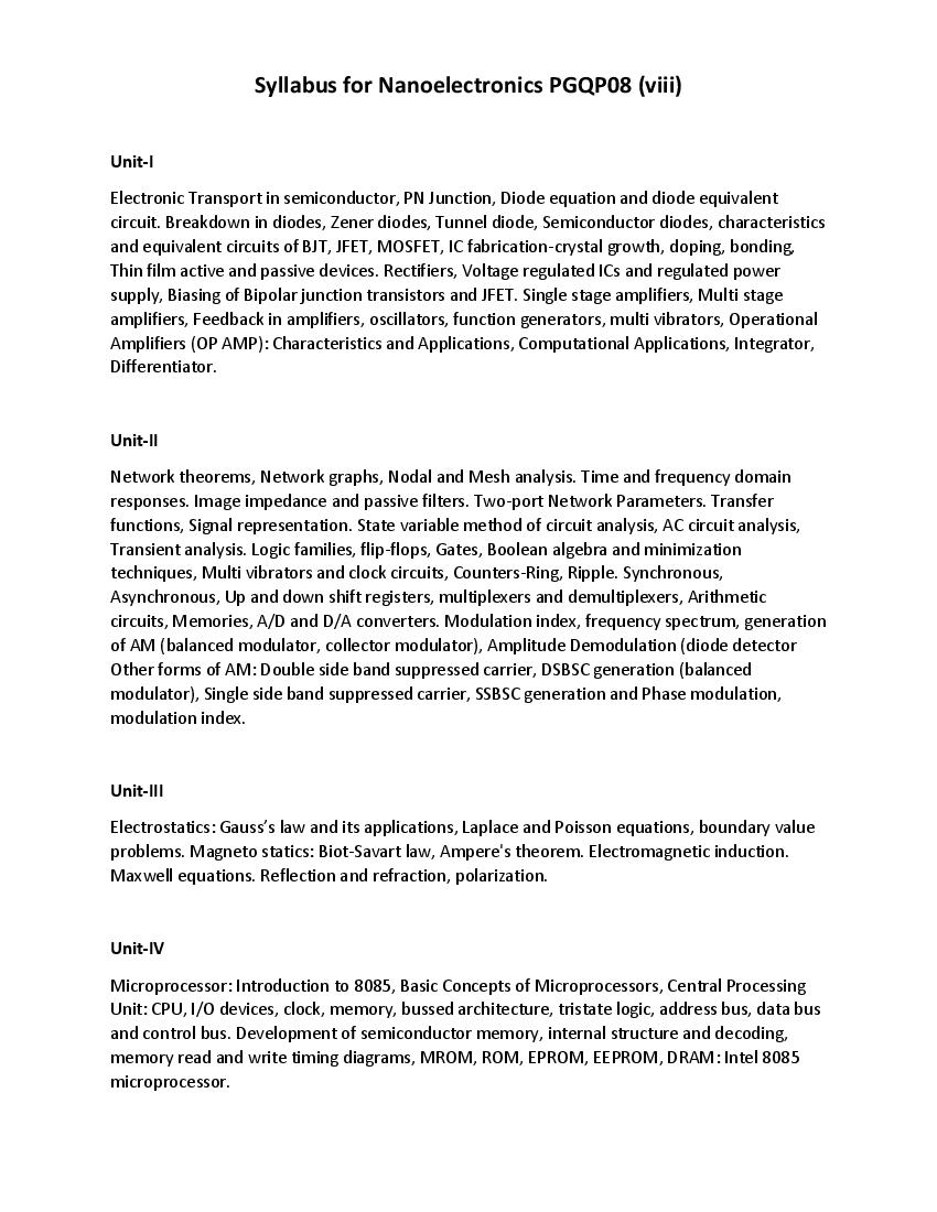 CUET PG 2022 Syllabus PGQP08 (viii) Nanoelectronics - Page 1 of 2
