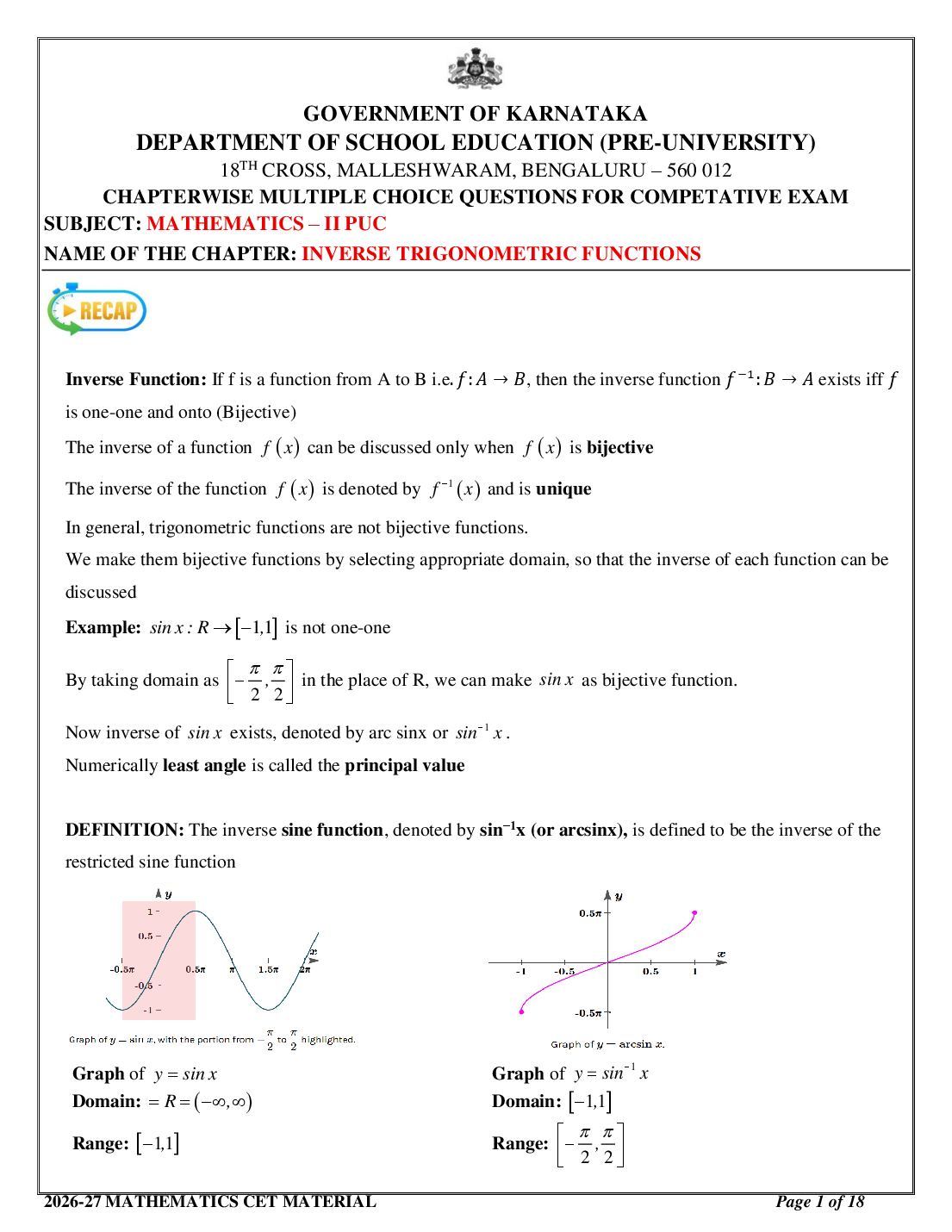 Karnataka 2nd PUC Mathematics Inverse Trigonometric Functions MCQ with Answers - Page 1 of 18