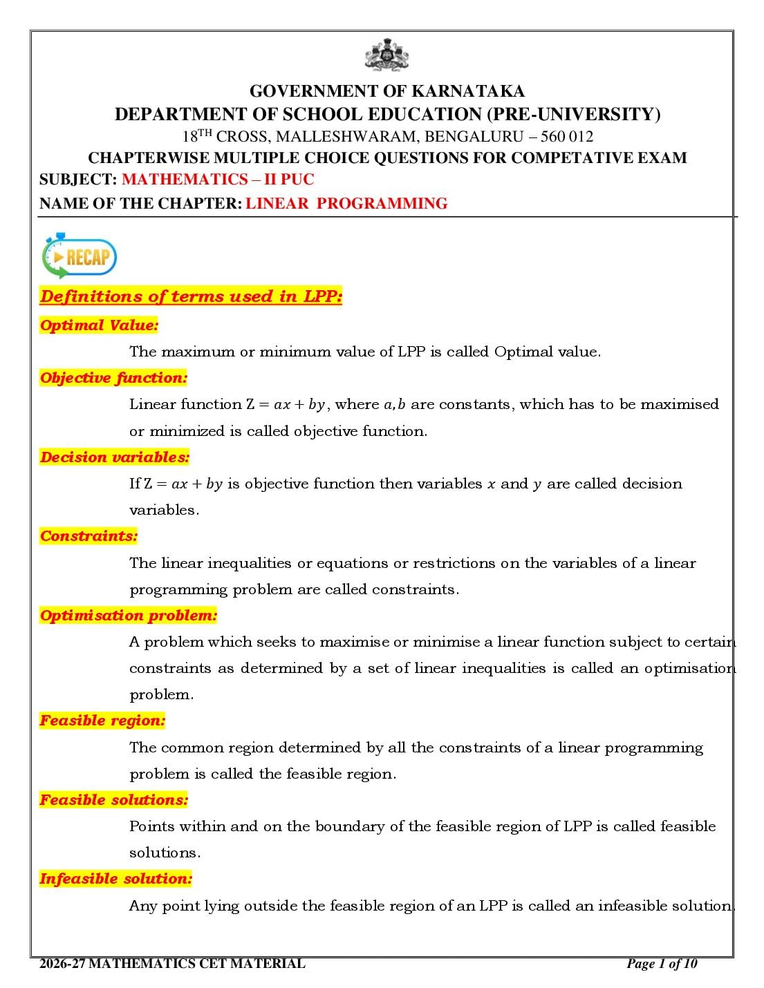 Karnataka 2nd PUC Mathematics Linear Programming MCQ with Answers - Page 1 of 10