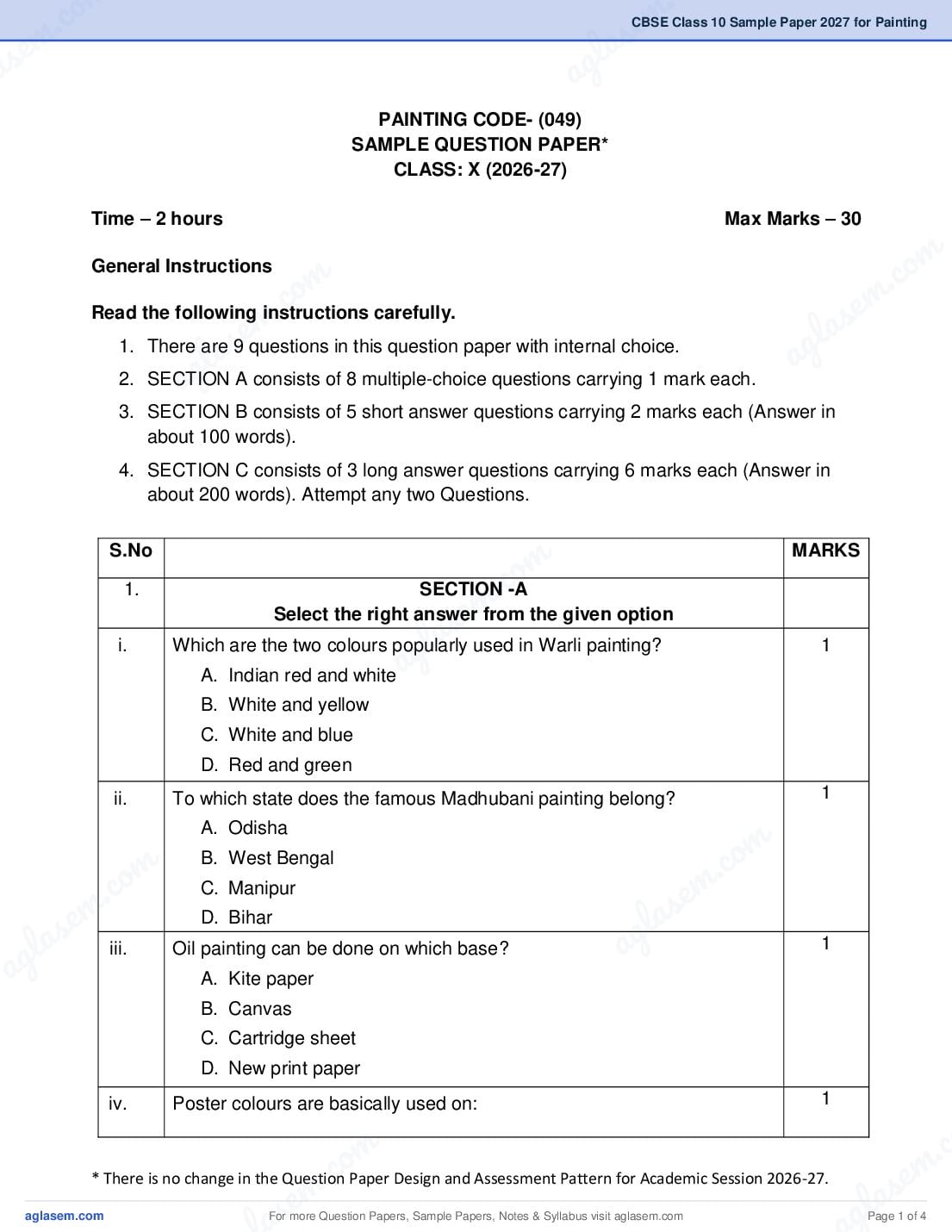 CBSE Class 10 Sample Paper 2027 for Painting - Page 1 of 4