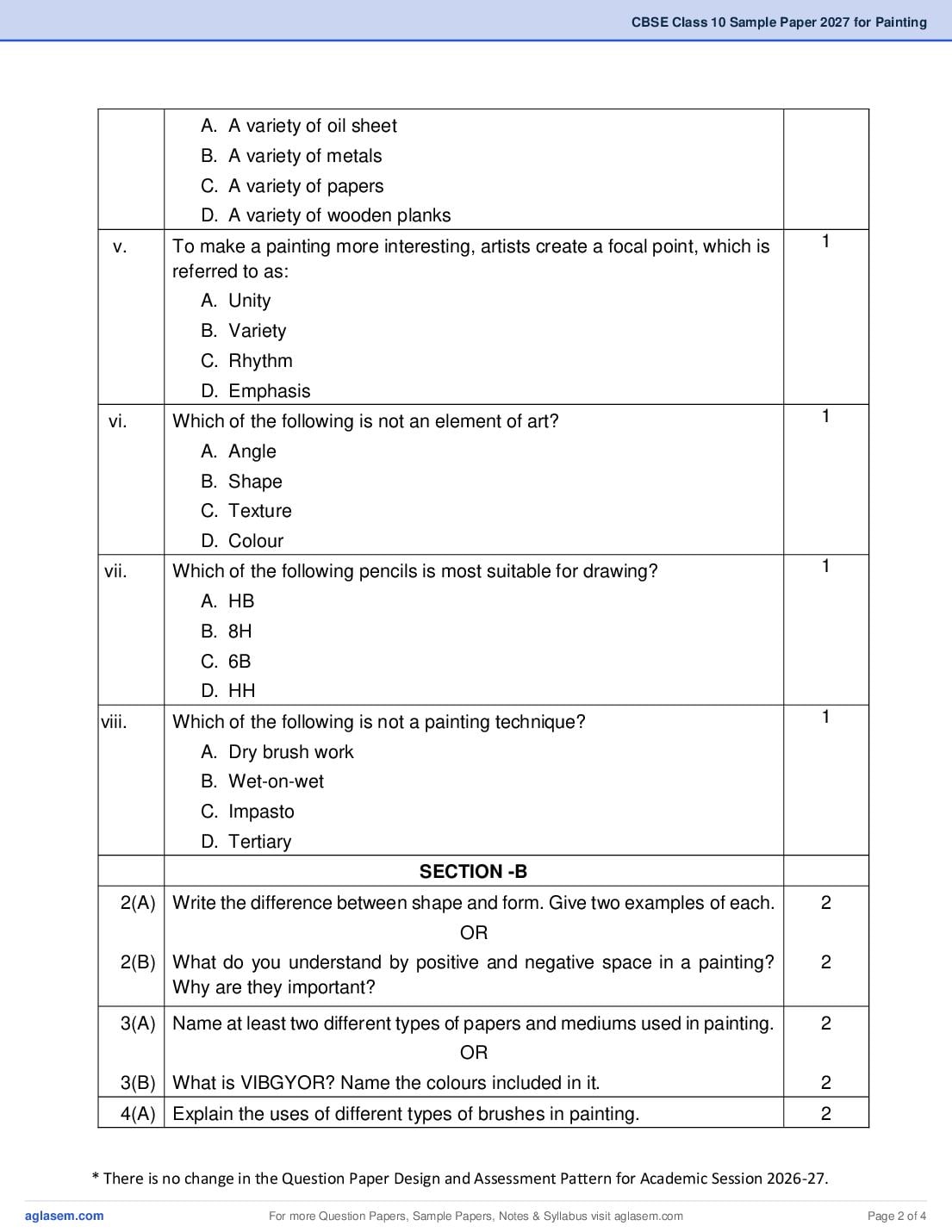 CBSE Class 10 Painting Sample Paper 2027 with Marking Scheme PDF