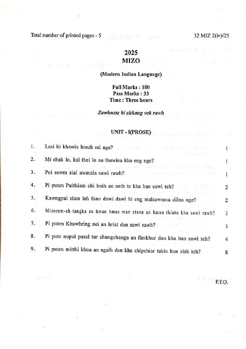 Manipur Board Class 12 Question Paper 2025 for Mizo - Page 1