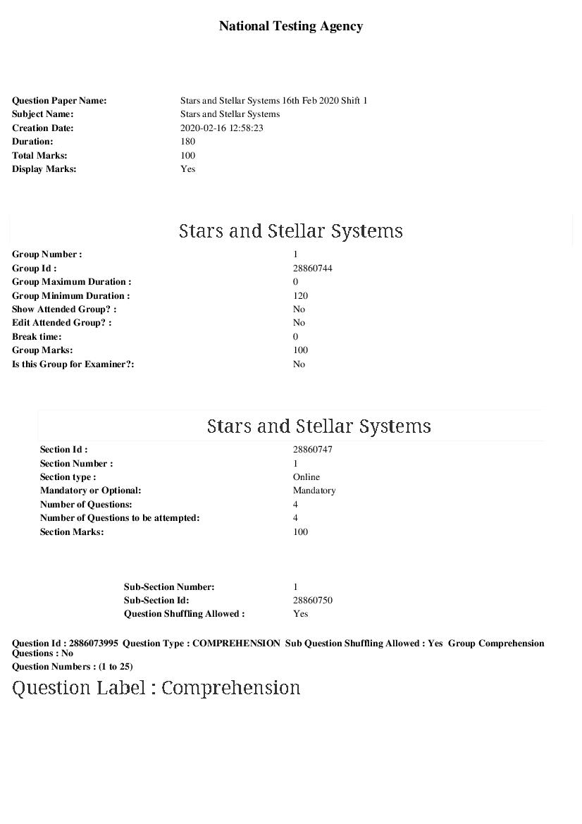ARPIT 2020 Question Paper for Stars and Stellar Systems - Page 1 of 49