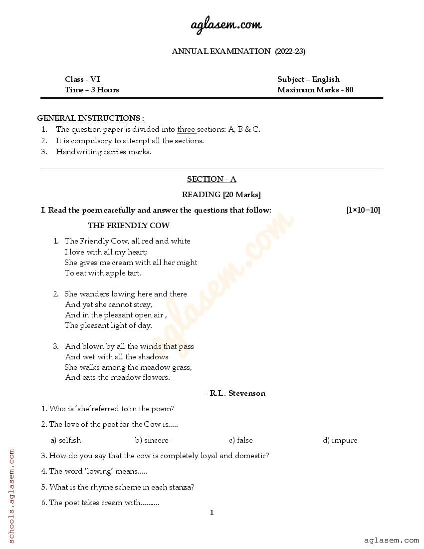 class 6 english christmas exam question paper 2022 23