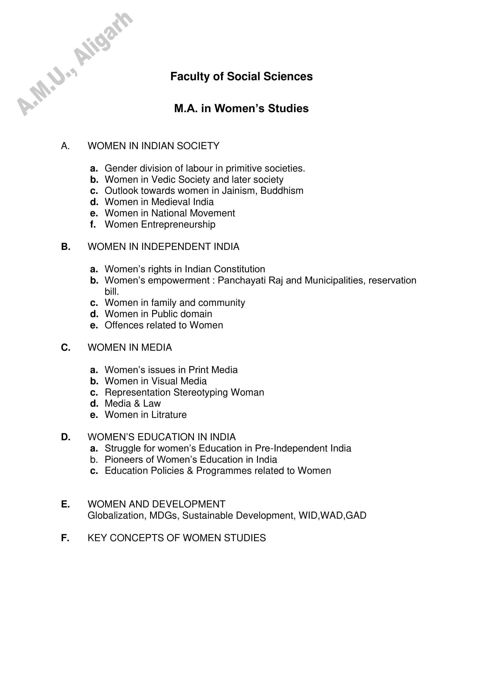 AMU Entrance Exam Syllabus for M.A. in Women's Studies - Page 1