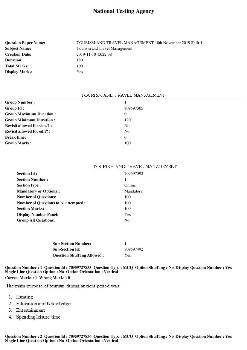 SWAYAM 2019 Question Paper Tourism and Travel Management - Page 1 of 21