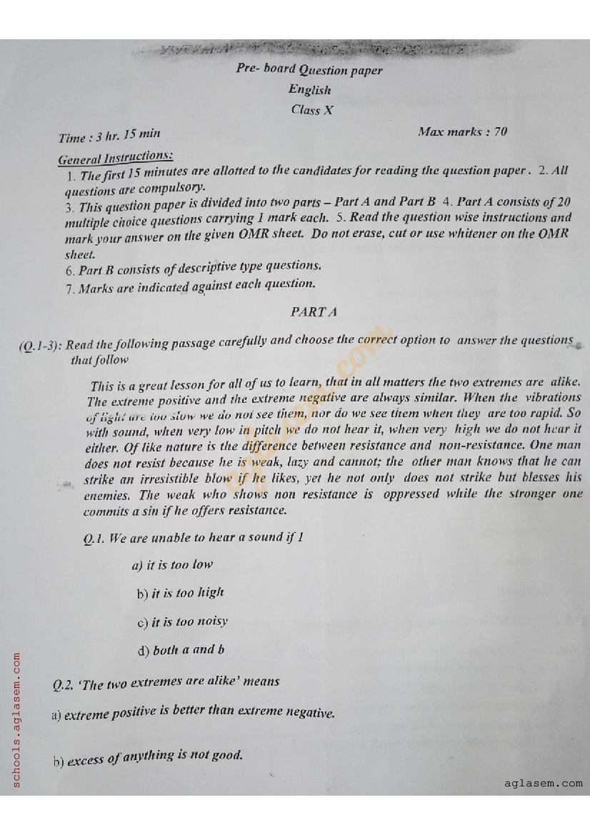 UP Board Class 10 English Pre-Board Exam Question Paper 2024 (PDF)