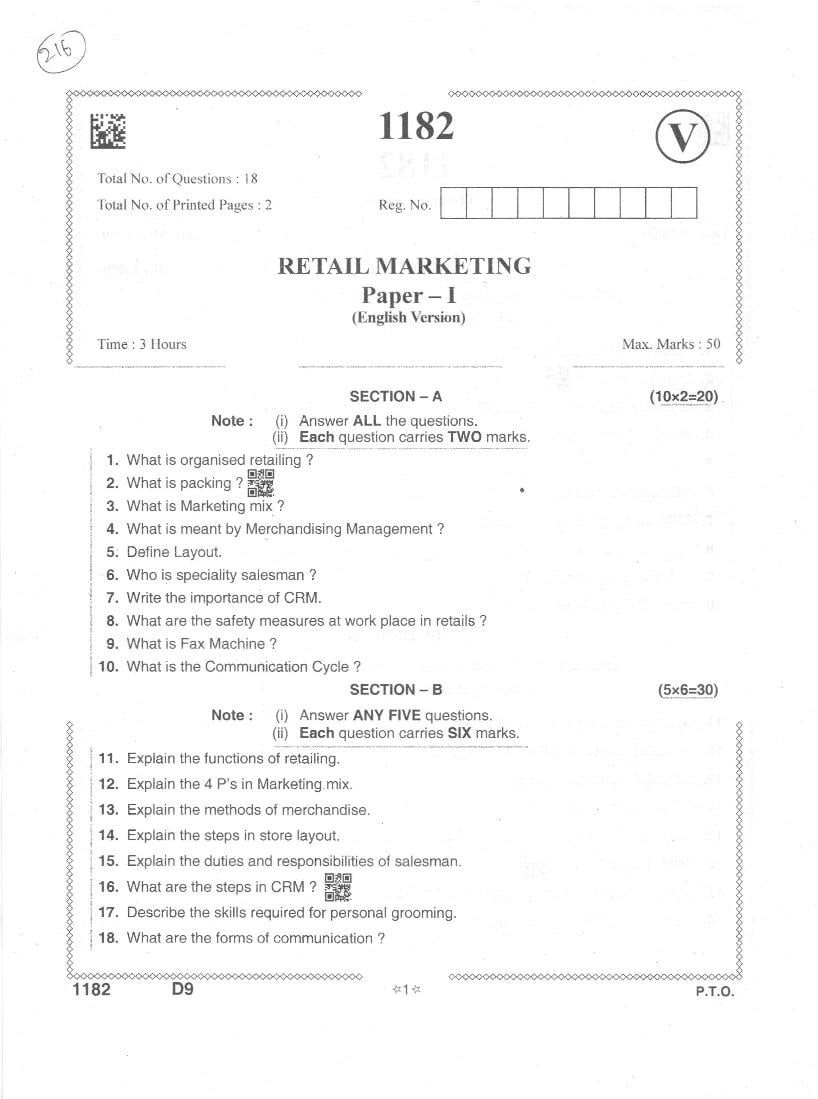 AP Inter 1st Year Question Paper 2021 Retail Marketing - Page 1