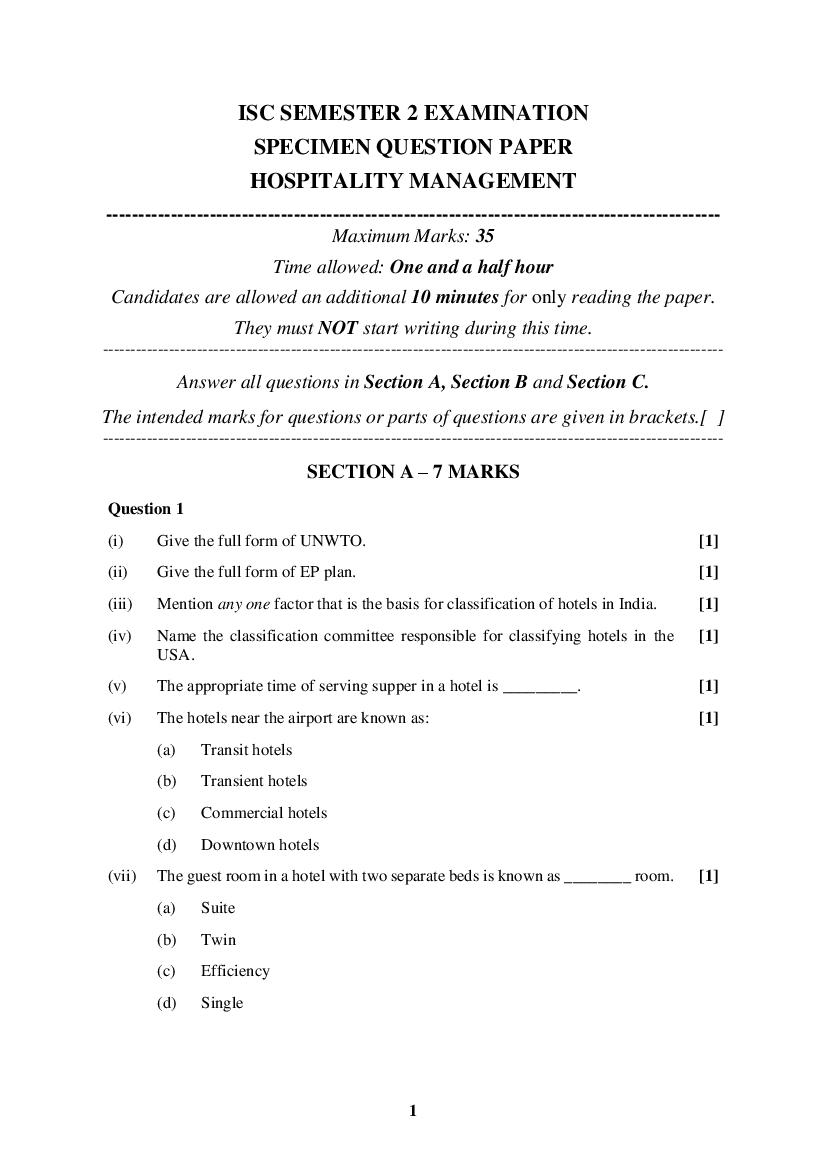 ISC Class 12 Specimen Paper 2022 Hospitality Management Semester 2 - Page 1