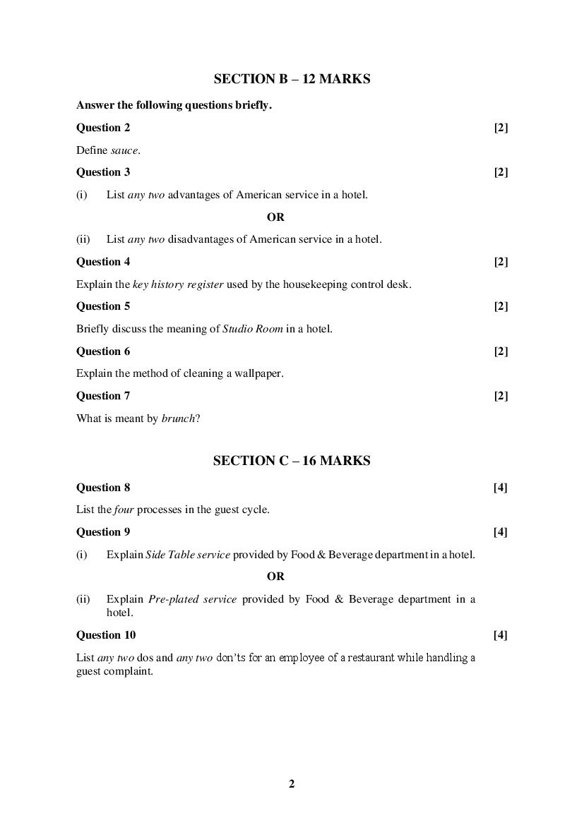 ISC Class 12 Sample Paper 2022 Hospitality Management Specimen Question Paper