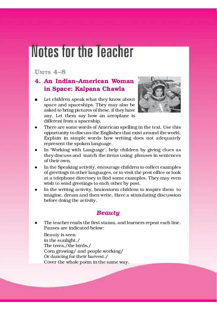 NCERT Book Class 6 English (Honeysuckle) Chapter 4 Beauty; An Indian – American Woman in Space: Kalpana Chawla - Page 1