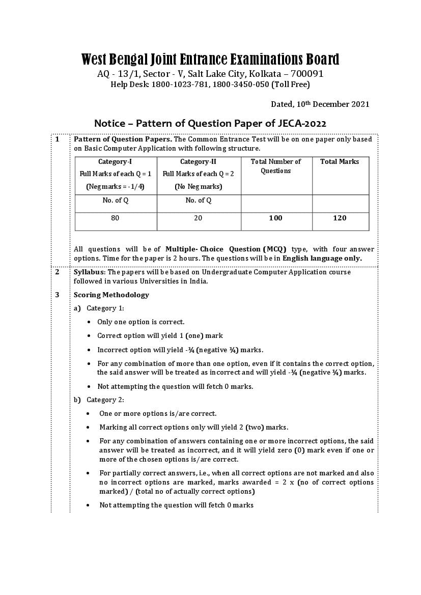 WB JECA 2022 Exam Pattern - Page 1