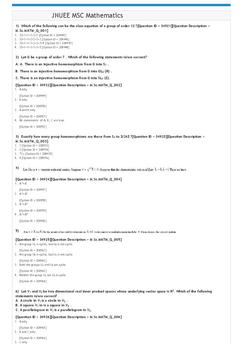 JNUEE 2021 Question Paper M.Sc Mathematics - Page 1