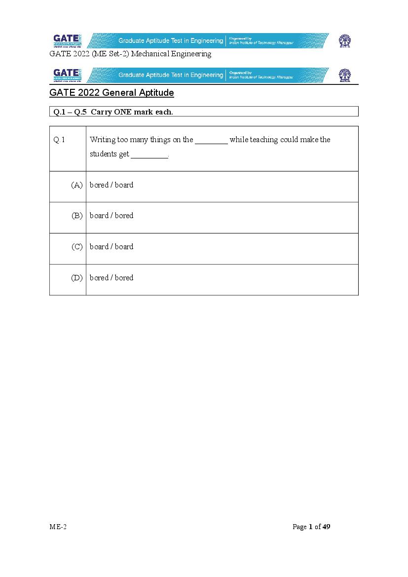 GATE 2022 Question Paper ME Mechanical Engineering (Afternoon) - Page 1