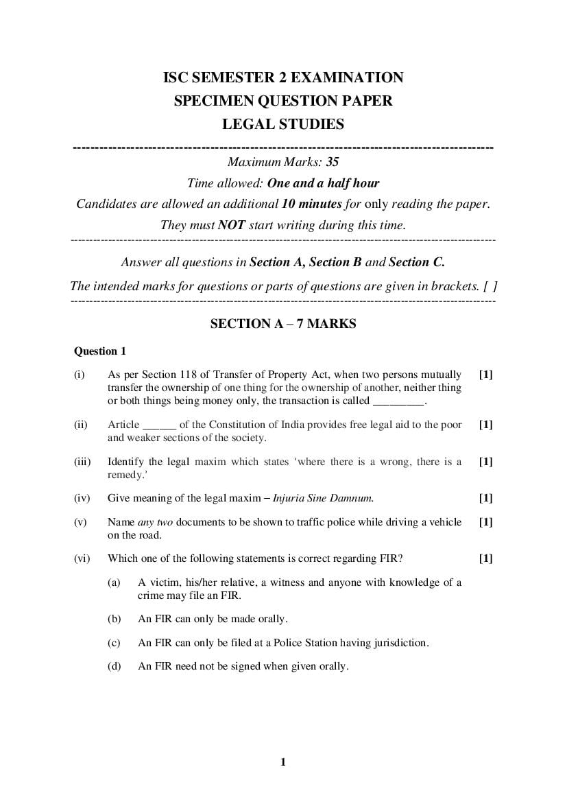 ISC Class 12 Specimen Paper 2022 Legal Studies Semester 2 - Page 1