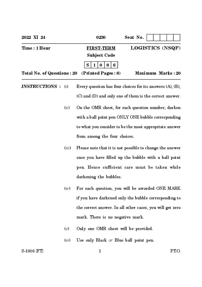 Goa Board Class 10 Question Paper 2022 Logistics - Page 1