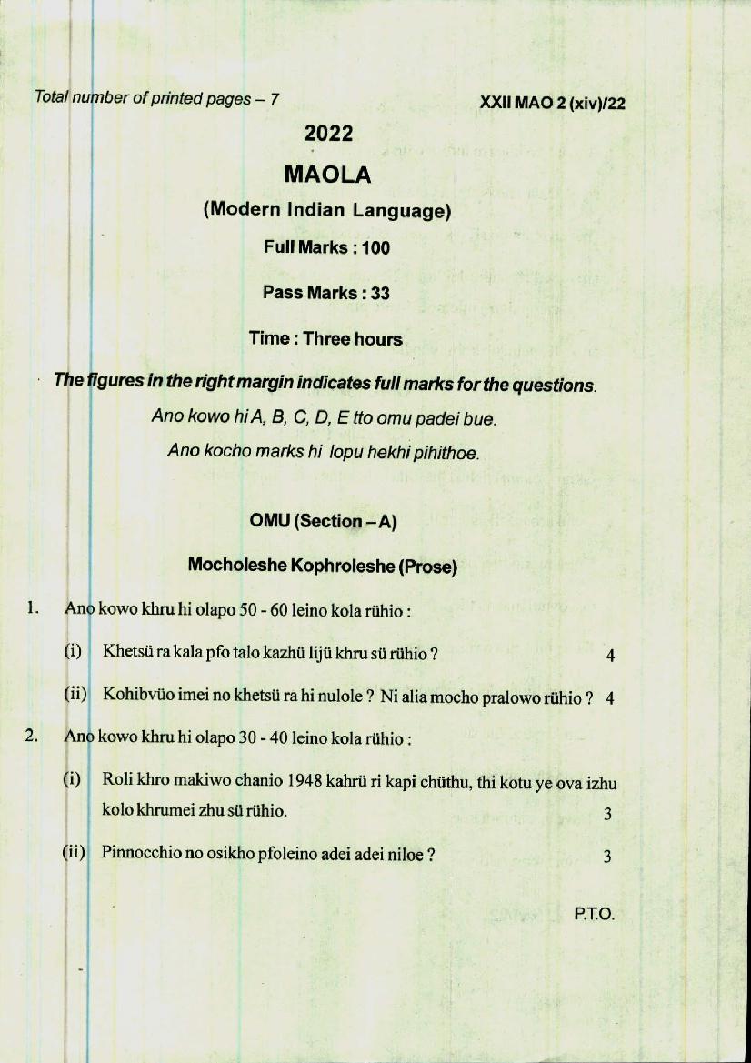 Manipur Board Class 12 Question Paper 2022 for Mao-La - Page 1