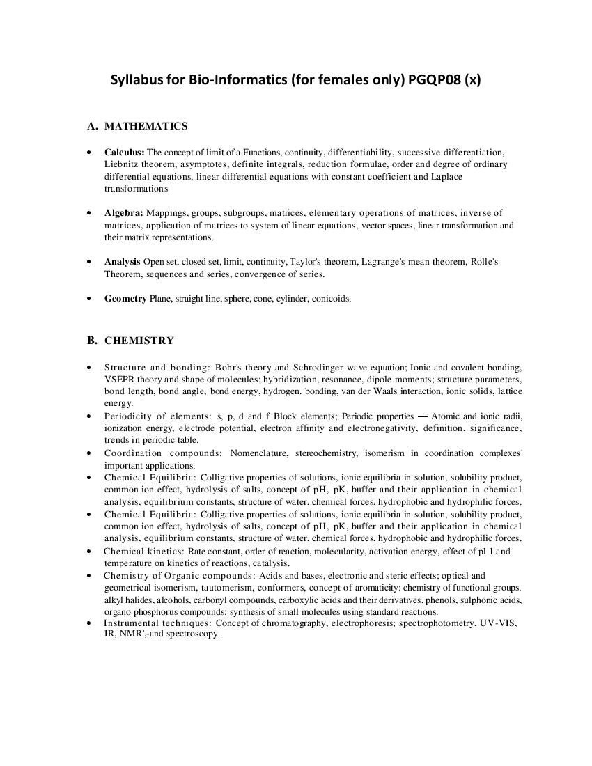 CUET PG 2022 Syllabus PGQP08 (x) Bio-Informatics for females only - Page 1 of 1