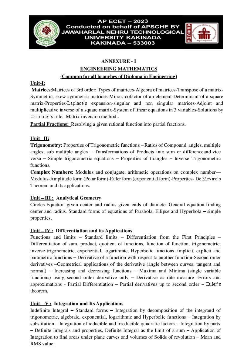 AP ECET 2023 Syllabus for Mathematics (For Diploma Holders) - Page 1