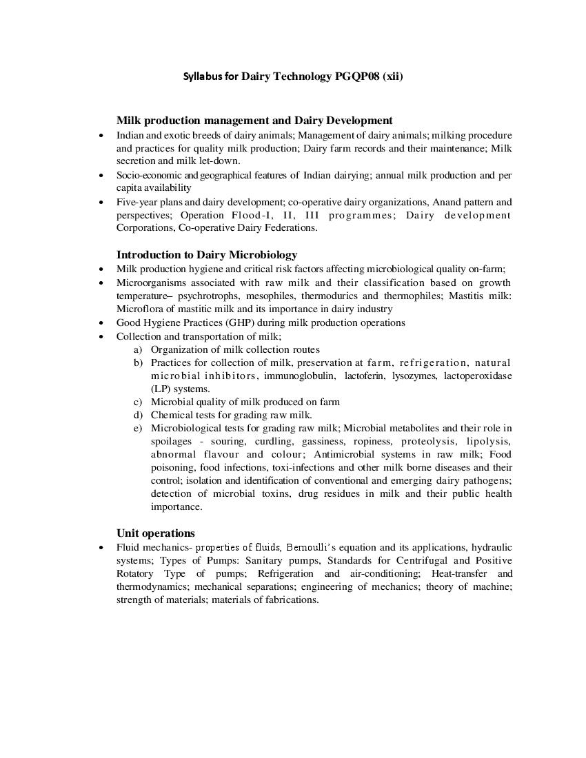 CUET PG 2022 Syllabus PGQP08 (xii) Dairy Technology