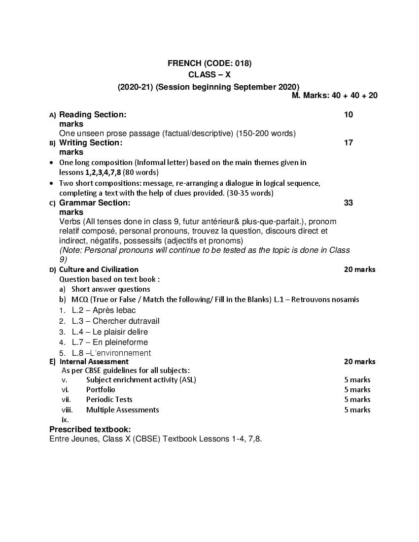 CBSE Class 10 French Syllabus 2020-21 - Page 1