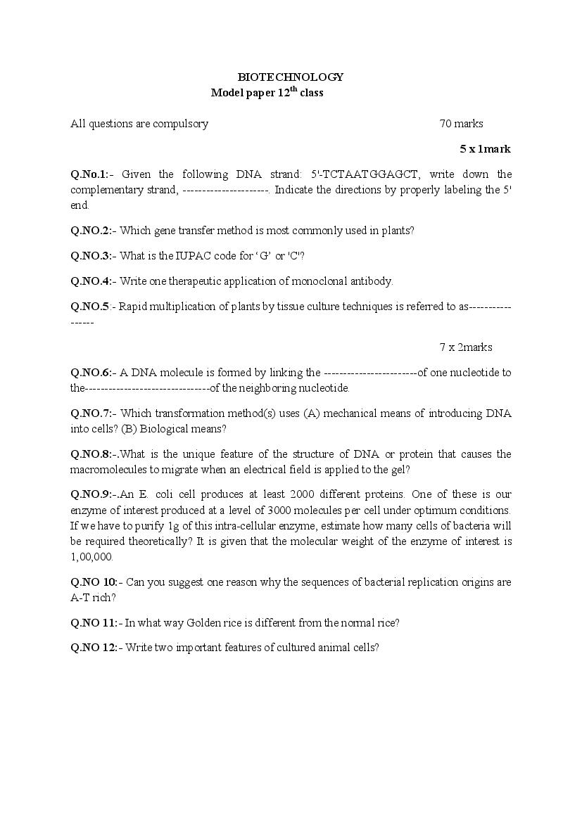 JKBOSE Class 12 Model Question Paper for Biotechnlogy - Page 1