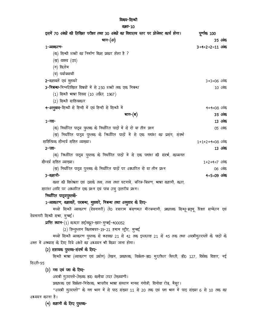 UP Board Class 10 Syllabus 2023 Sindhi - Page 1