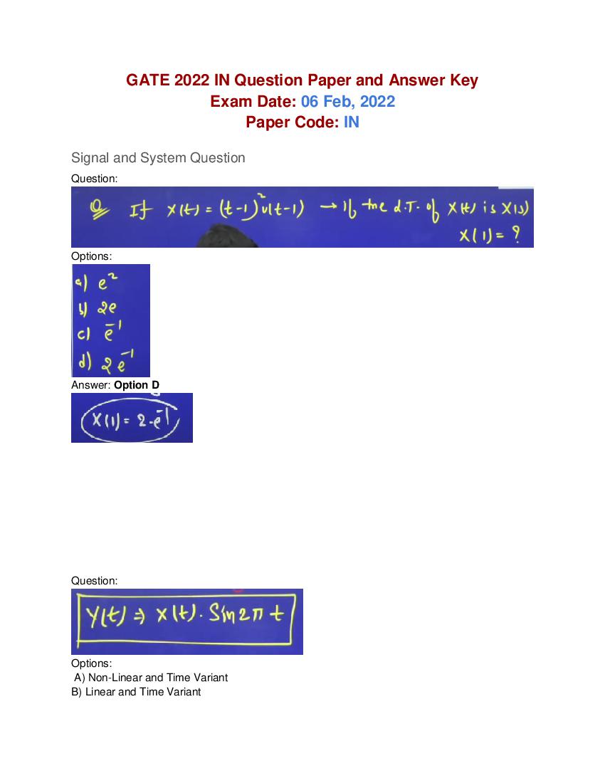 GATE 2022 Question Paper with Answers for IN