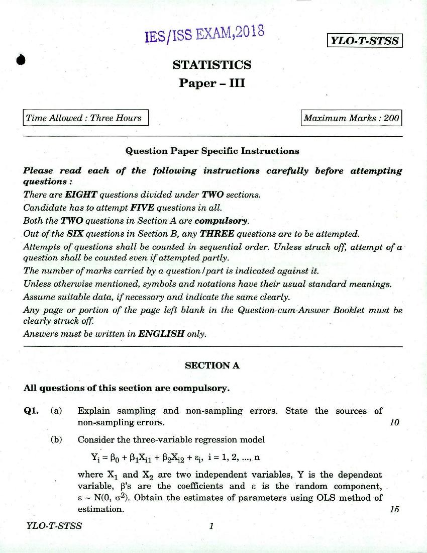 UPSC IES ISS 2018 Question Paper for Statistics Paper - III - Page 1