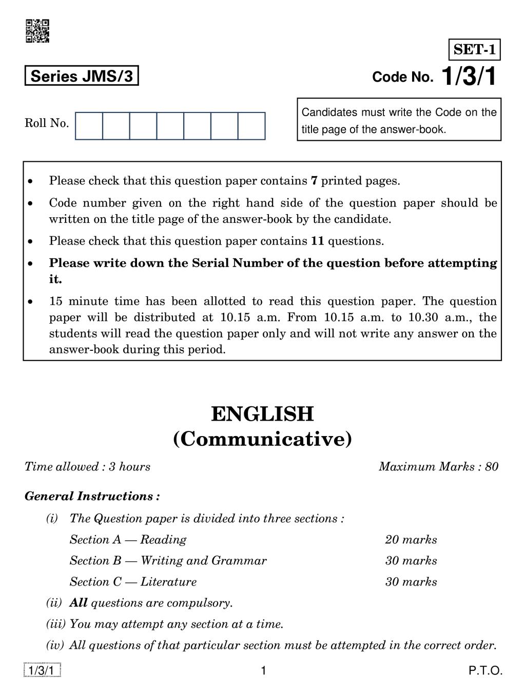 CBSE Class 10 English Communicative Question Paper 2019 Set 3 - Page 1