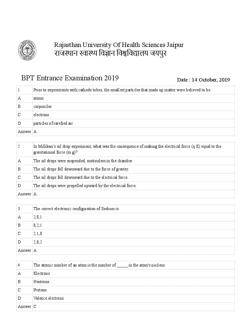 RUHS BPT 2019 Question Paper - Page 1