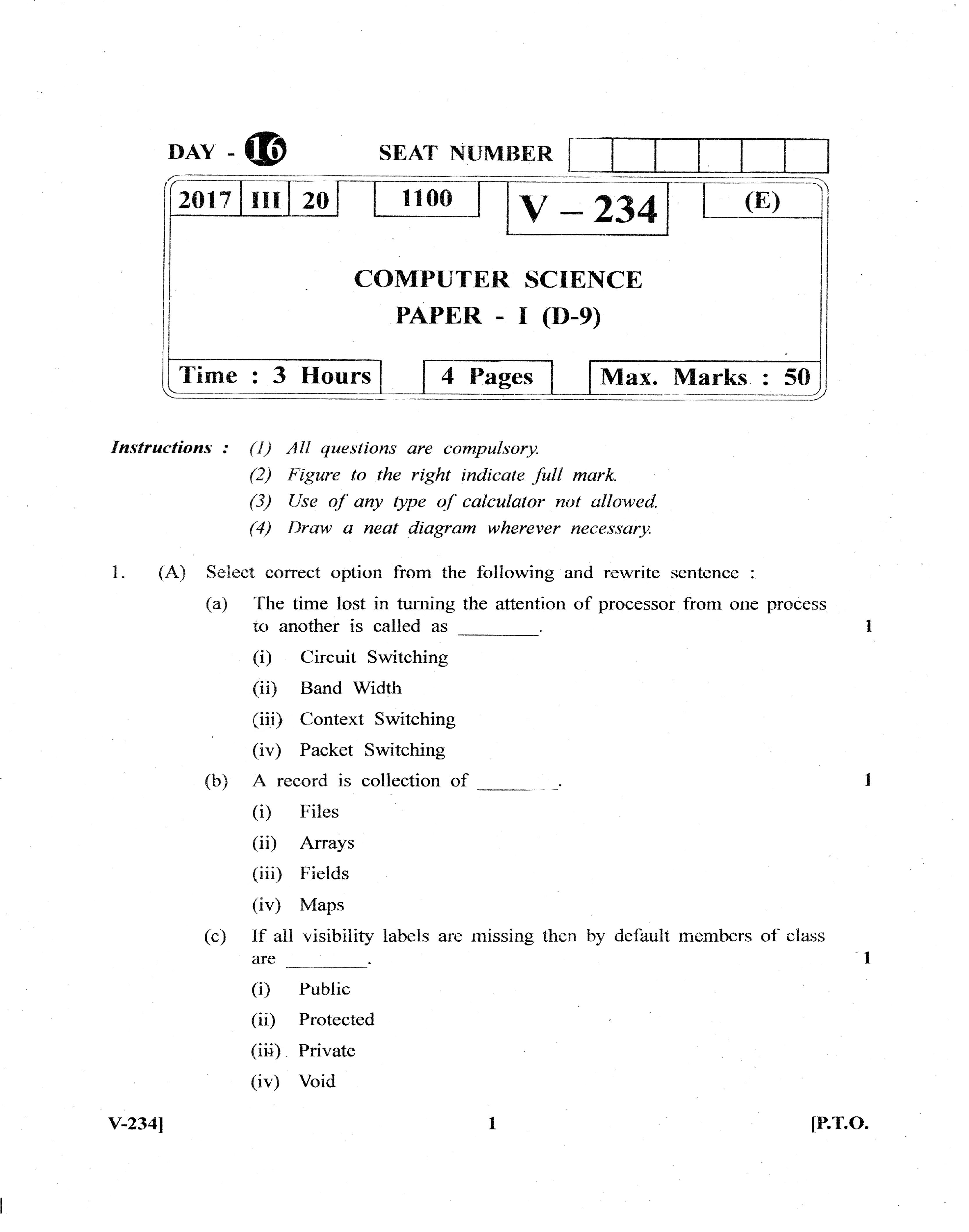 Maharashtra Class 12 Question Paper 2018 Computer Science - Page 1