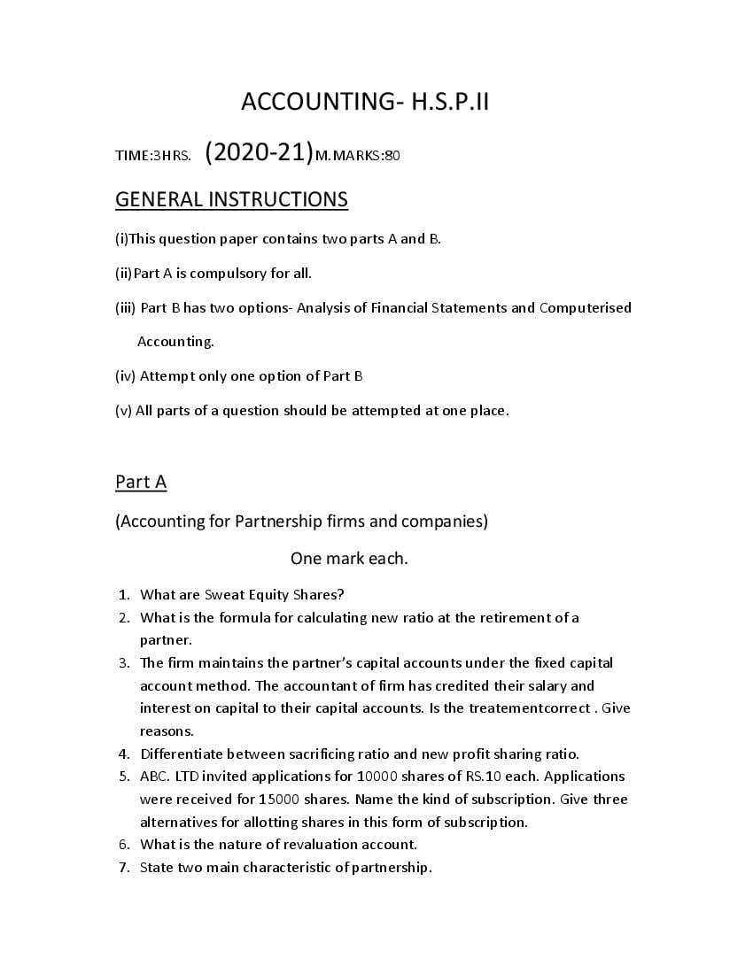 JKBOSE Class 12 Model Question Paper 2021 for Accounting - Page 1