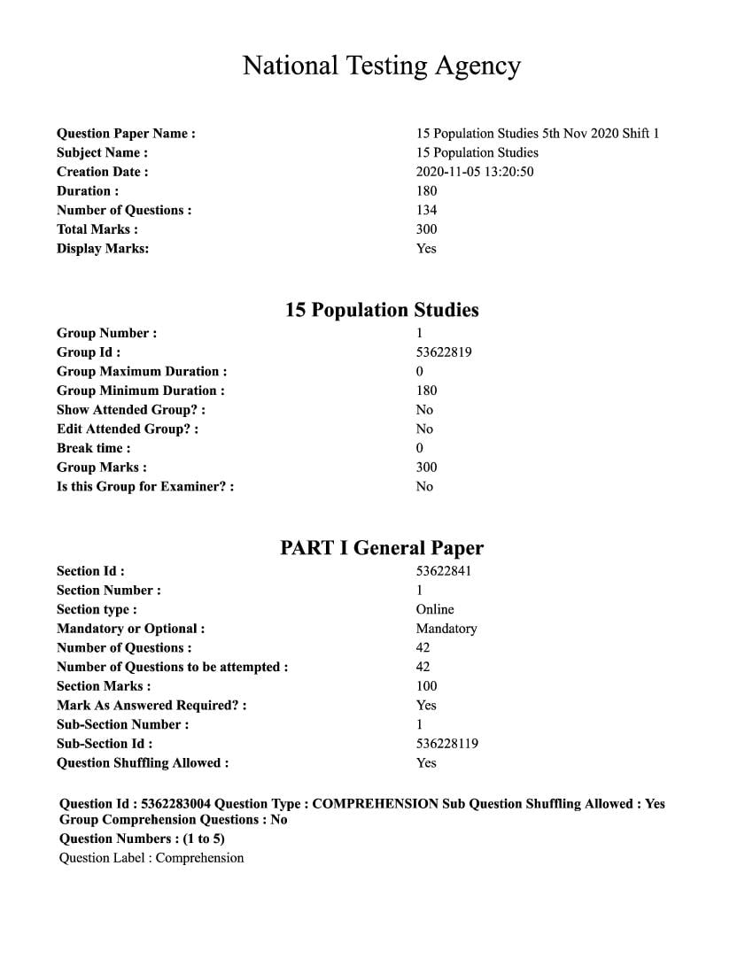 UGC NET 2020 Question Paper for 15 Population Studies - Page 1