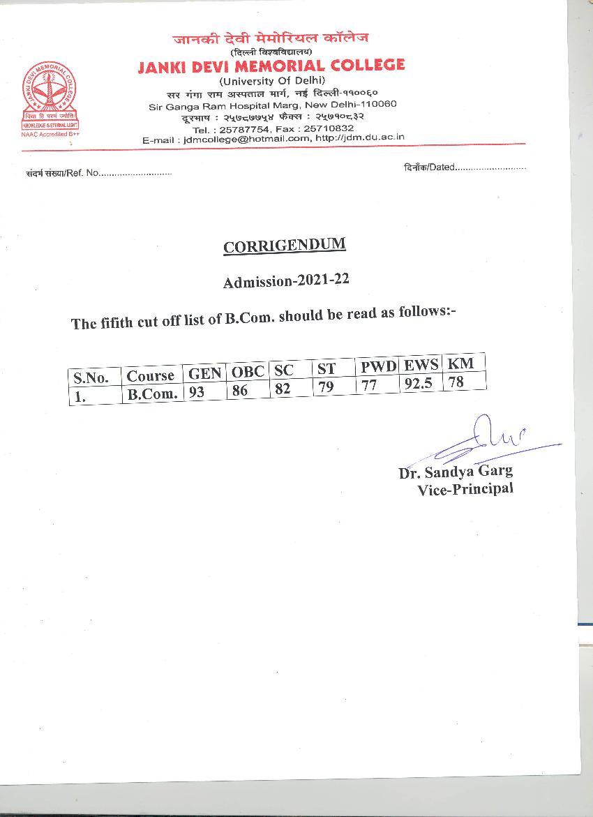 Janaki Devi Memorial College Fifth Cut Off List 2021 - Page 1