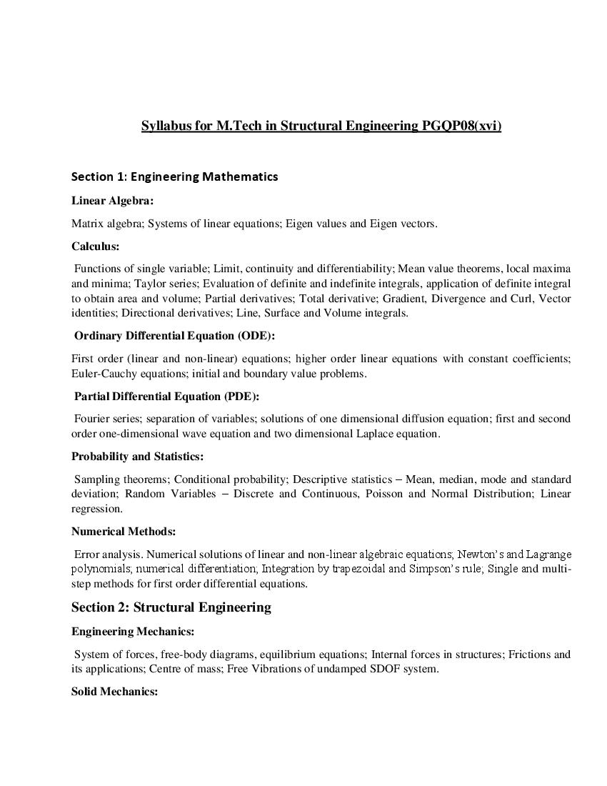 CUET PG 2022 Syllabus PGQP08 (xvi) M.Tech in Strutural Engineering - Page 1 of 4
