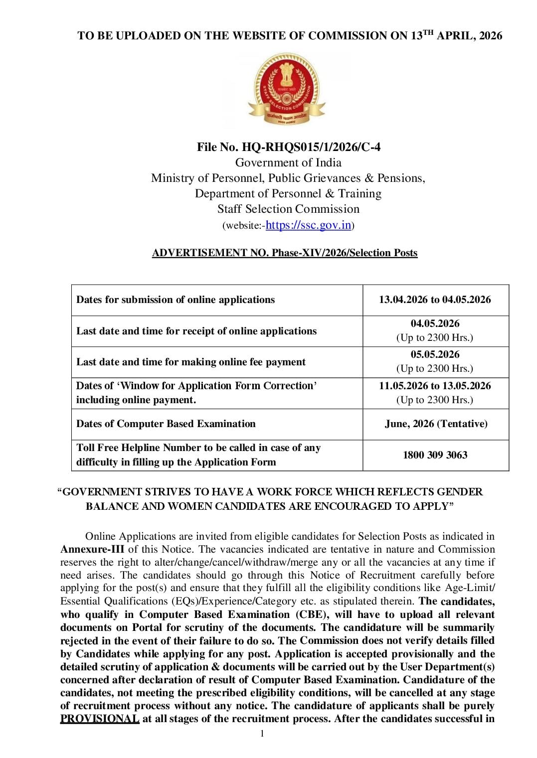 SSC Selection Post Phase-XIV 2026 Notification - Page 1 of 129