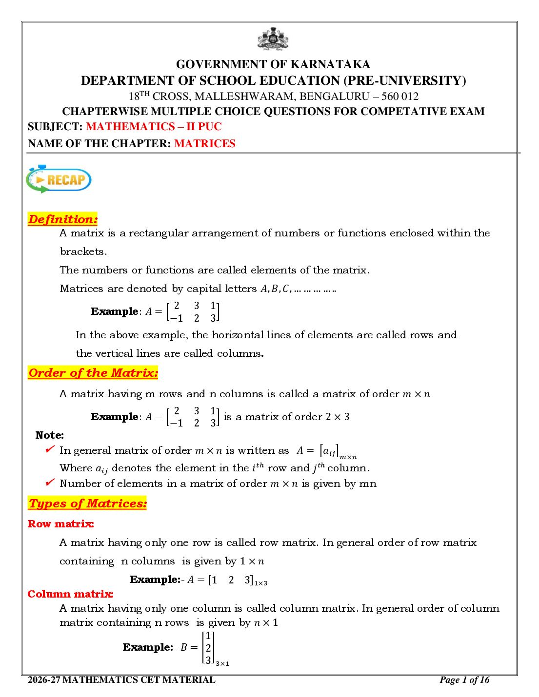 Karnataka 2nd PUC Mathematics Matrices MCQ with Answers - Page 1 of 16
