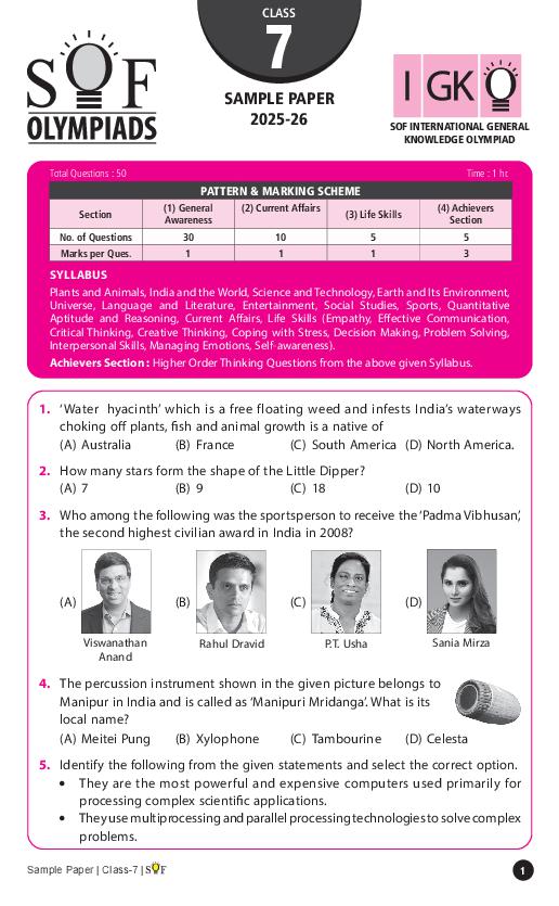 SOF IGKO Sample Paper 2026 Class 7 - Page 1