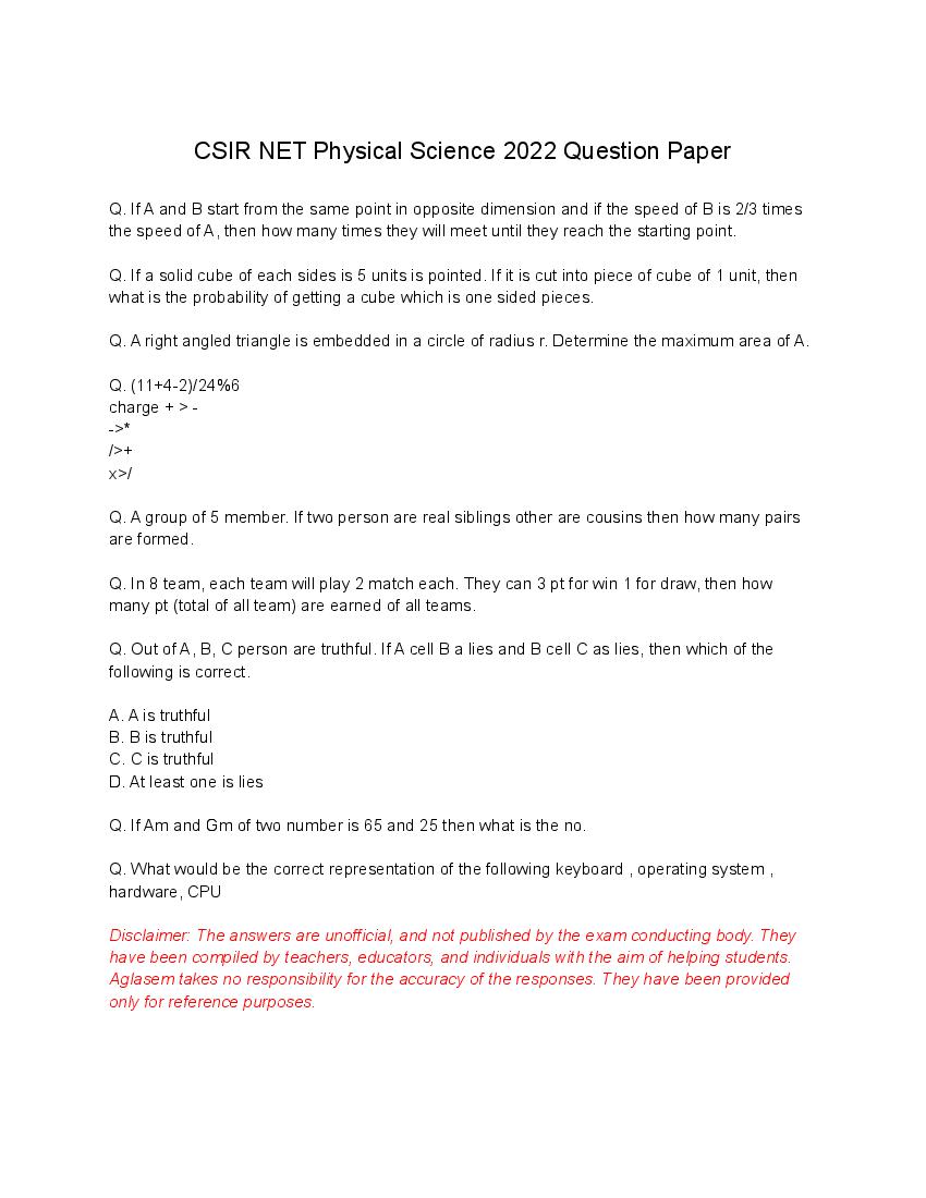 CSIR NET Physical Science 2022 Question Paper - Page 1