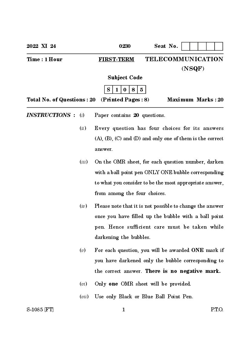 Goa Board Class 10 Question Paper 2022 Tele Communication - Page 1 of 8
