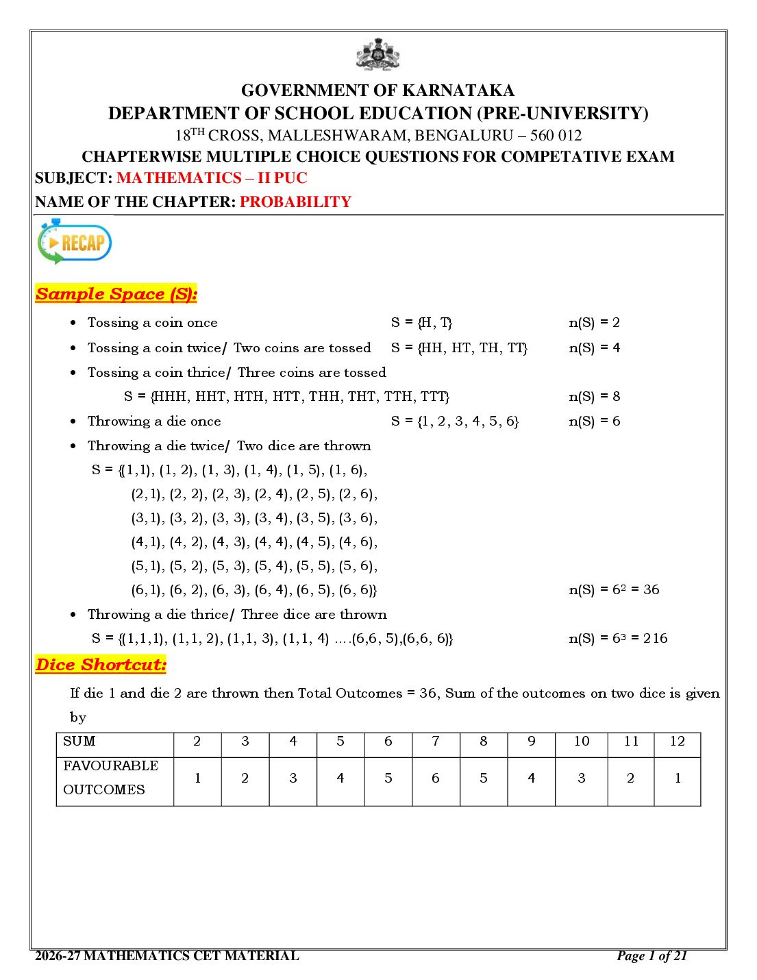 Karnataka 2nd PUC Mathematics Probability MCQ with Answers - Page 1 of 21