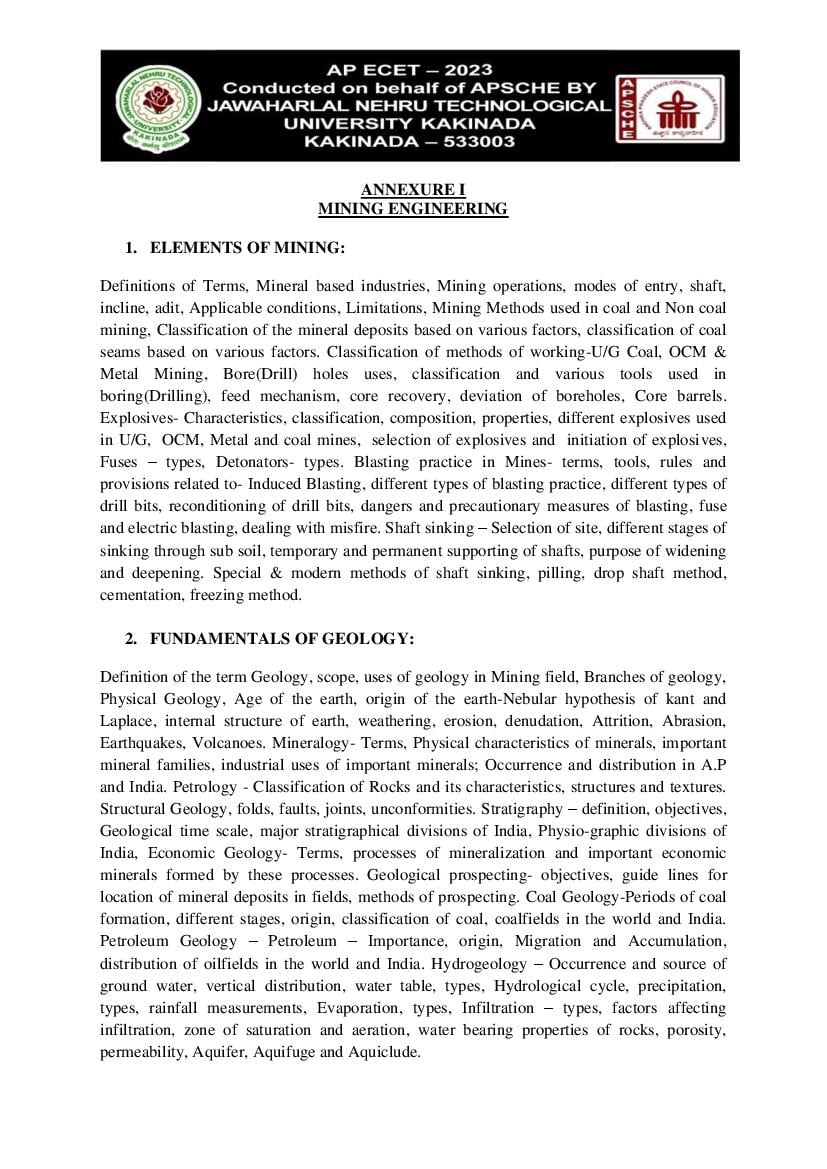 AP ECET 2023 Syllabus for Mining Engineering - Page 1