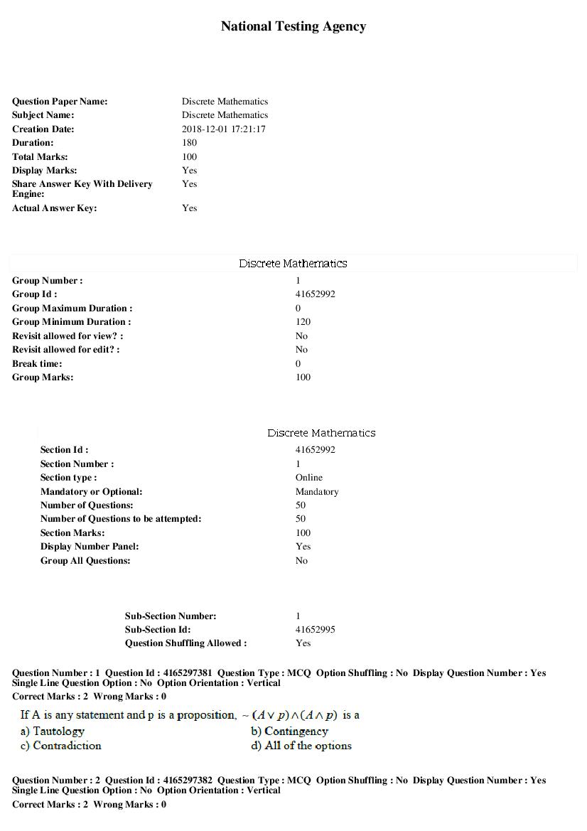 SWAYAM 2018 Question Paper Discrete Mathematics - Page 1 of 9