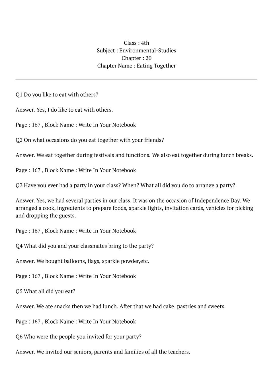 NCERT Solutions For Class 4 EVS Chapter 20 Eating Together PDF 