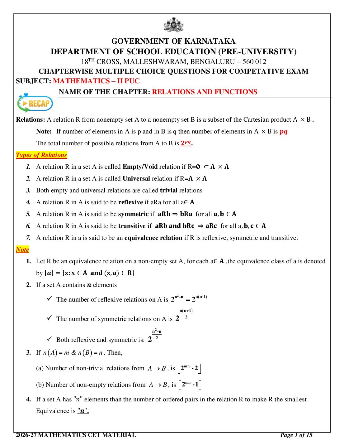 Karnataka 2nd PUC Mathematics Relation and Function MCQ with Answers - Page 1 of 15