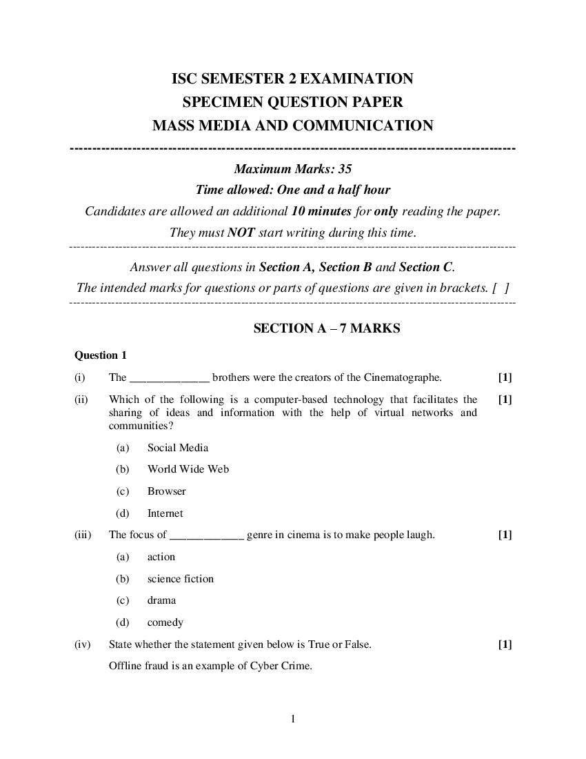 ISC Class 12 Specimen Paper 2022 Mass Media and Communication Semester 2 - Page 1