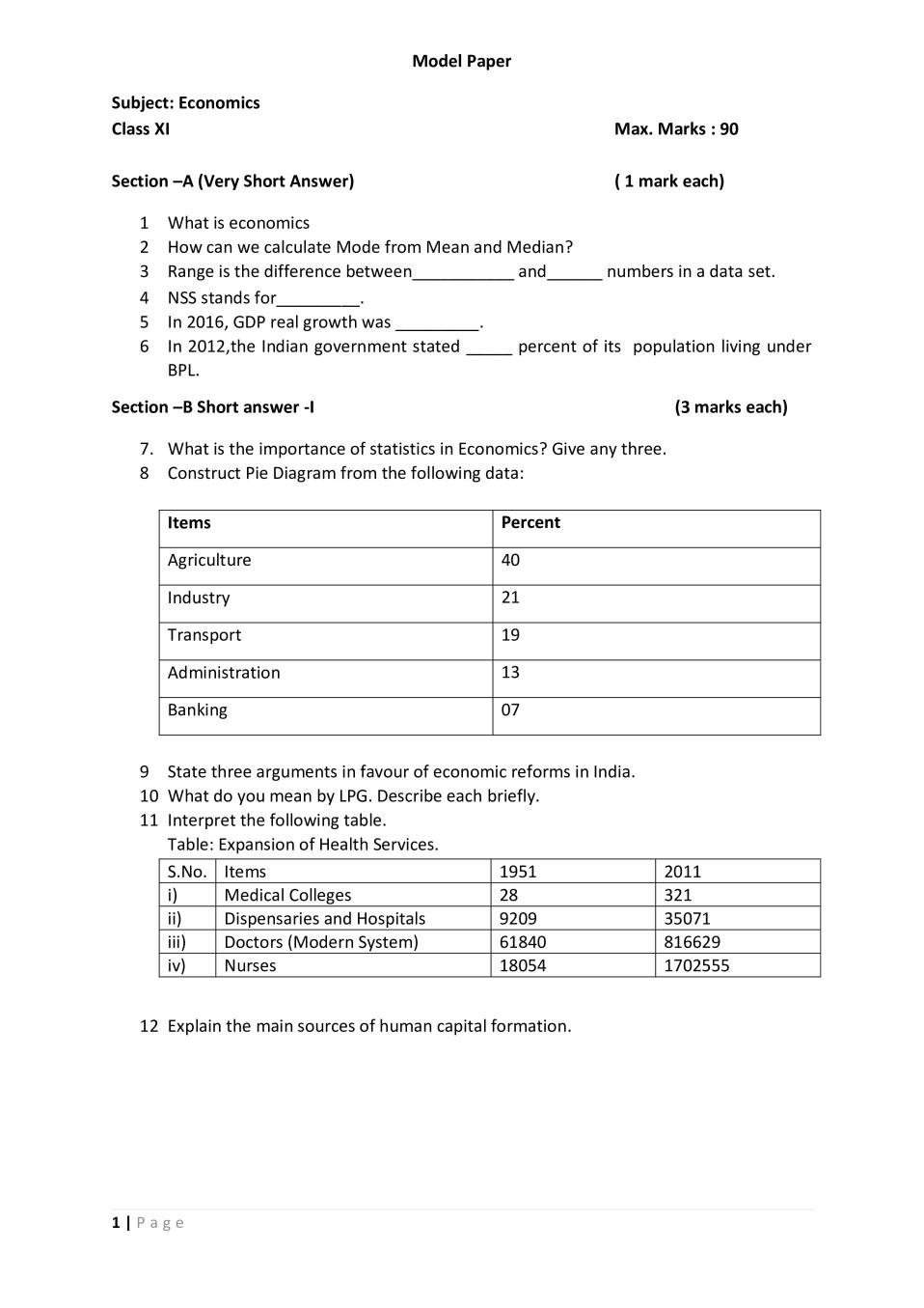 JKBOSE 11th Model Paper Economics - Page 1