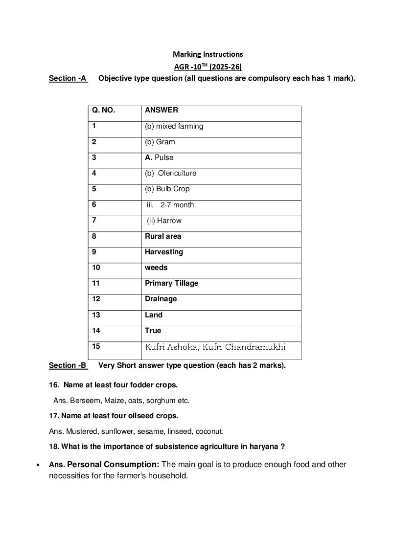 HBSE Class 10 Sample Paper 2026 Answers Agriculture - Page 1