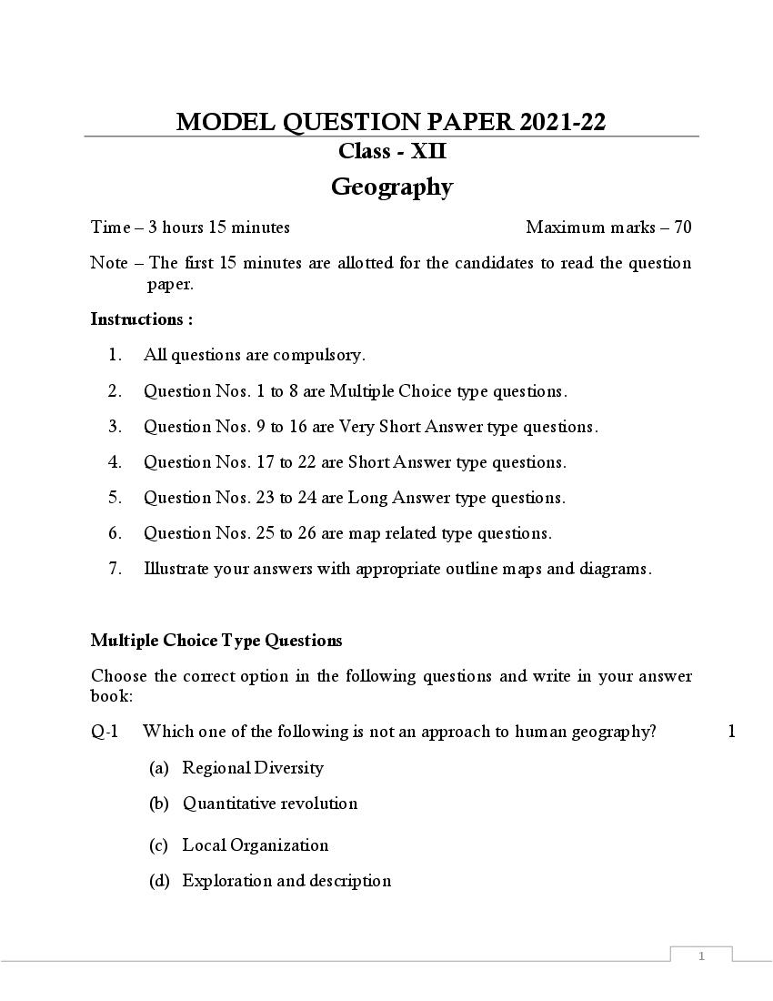 UP Board Class 12th Model Paper 2023 Geography - Page 1